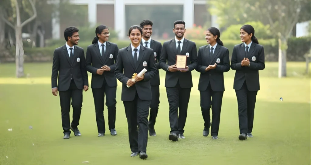 Group of college students walking proudly with a trophy, symbolizing scholarship achievement and academic excellence